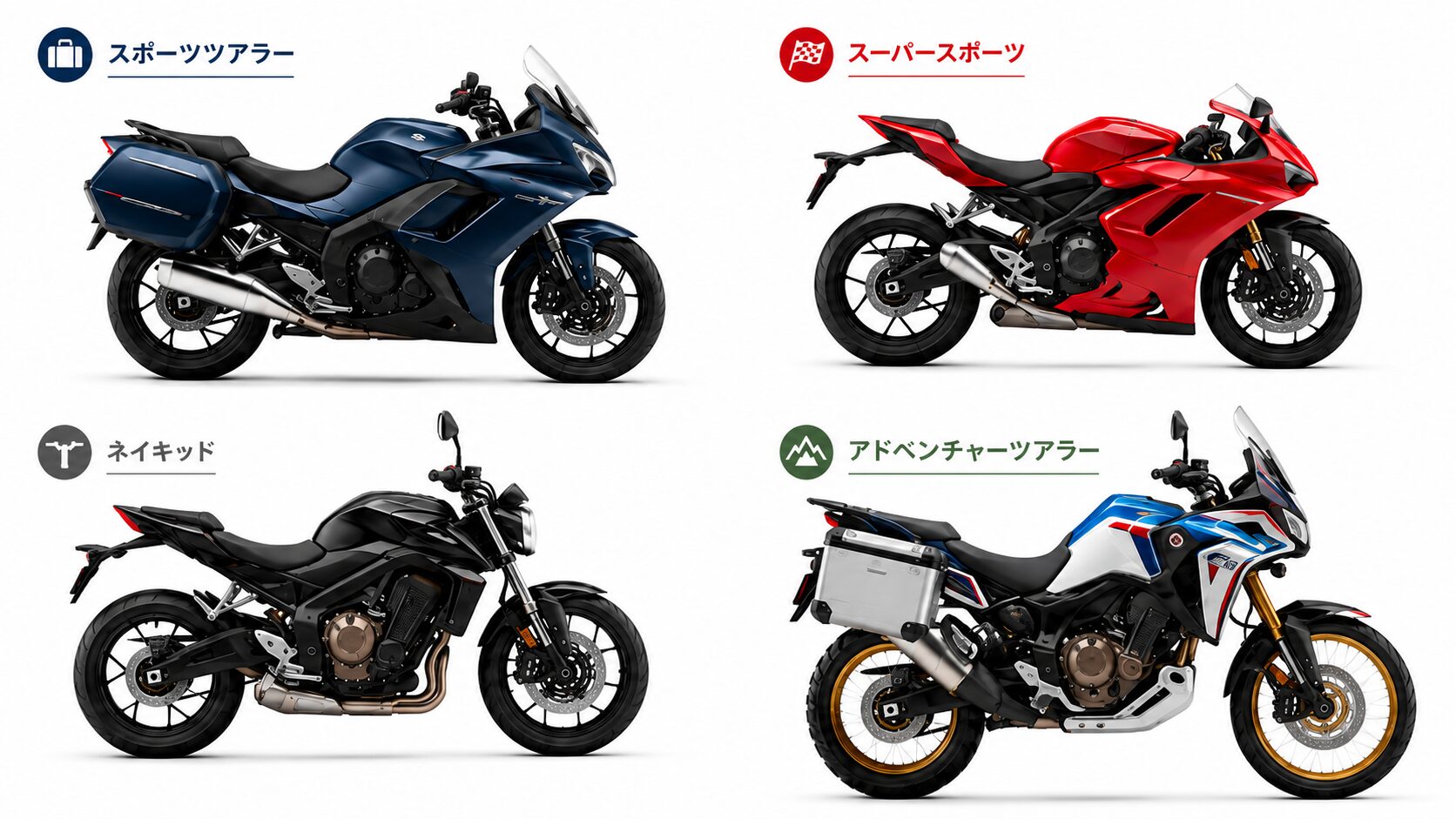 ツアラーバイクと他タイプの特徴を比較したイラスト