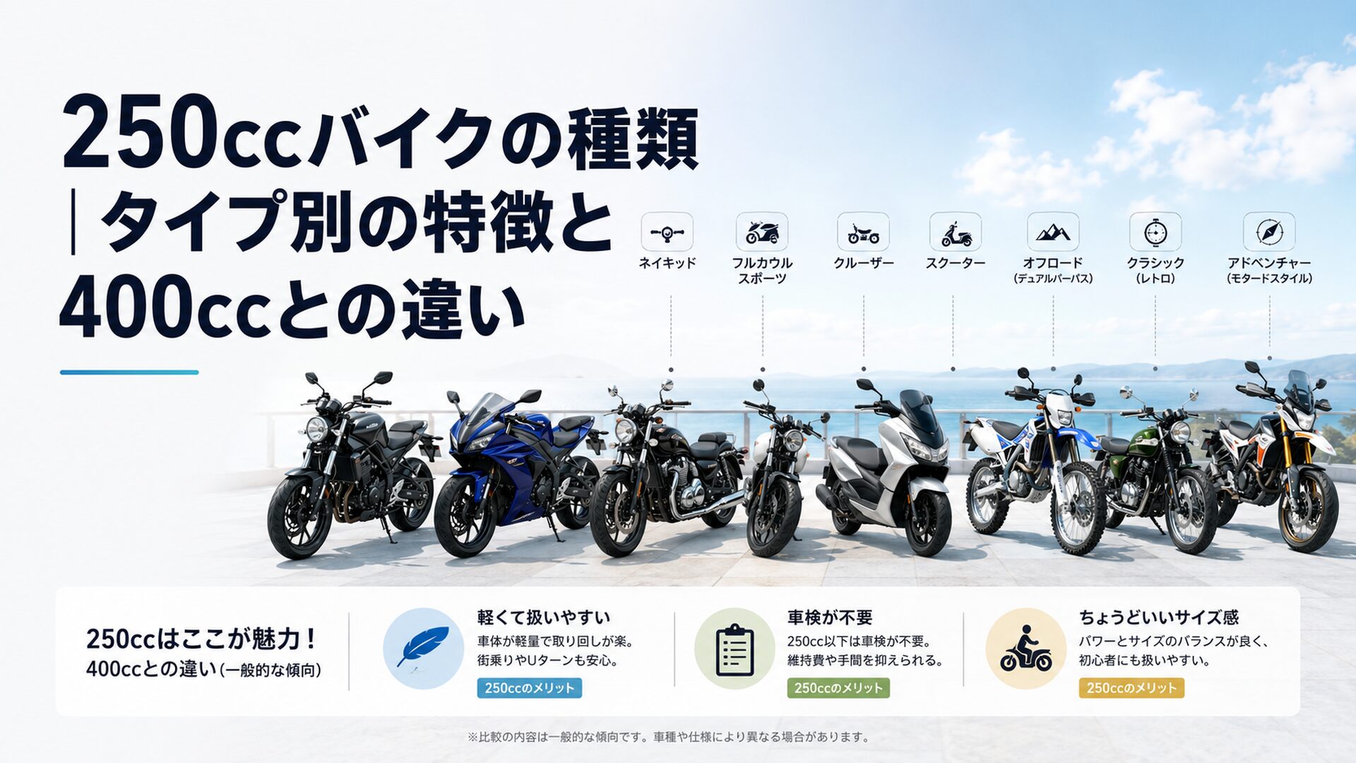 ネイキッドやフルカウルスポーツ、クルーザー、スクーターなど7タイプの250ccバイクが並ぶ風景