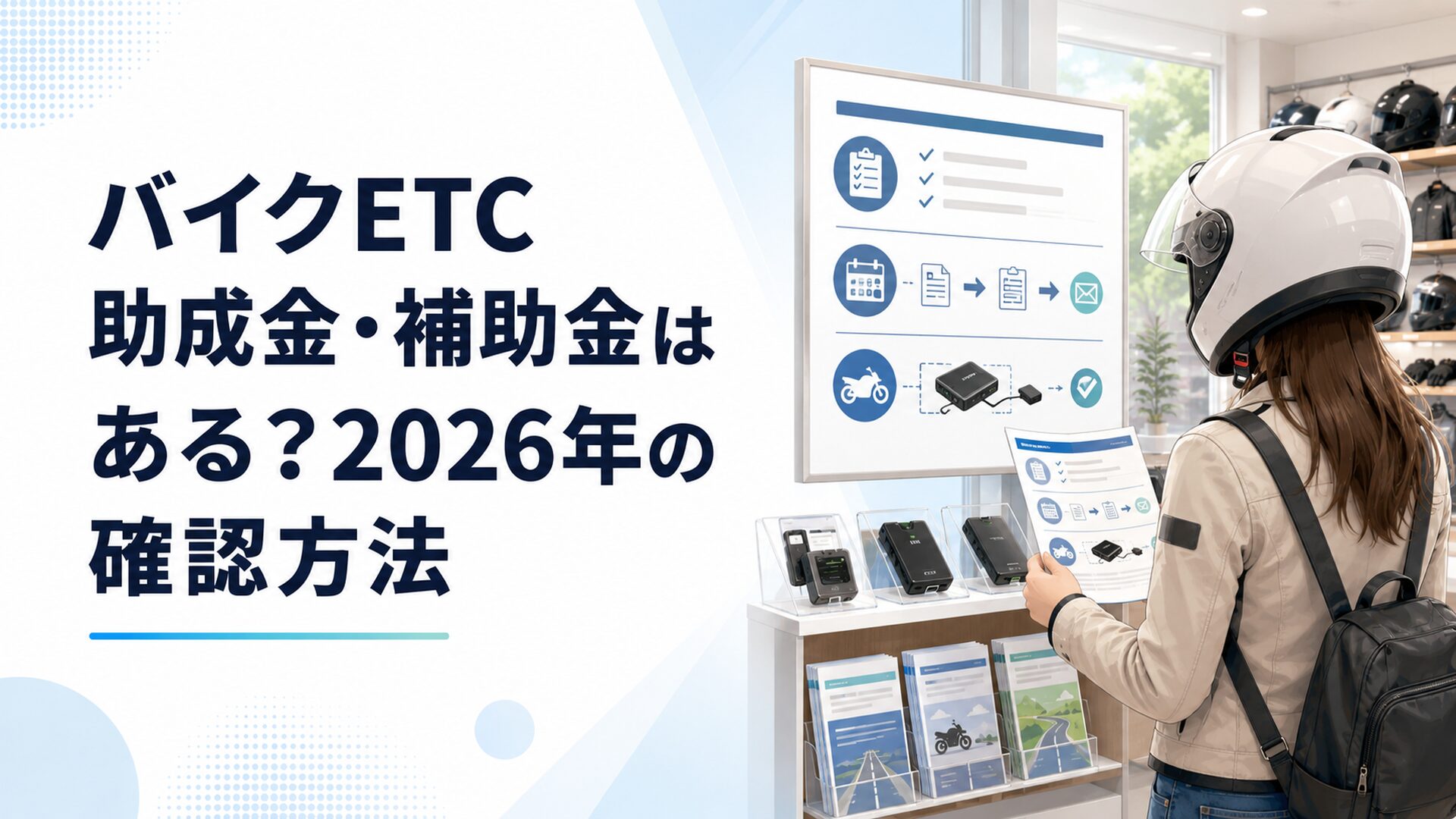 バイク用品店で2026年のETC車載器購入助成キャンペーンの条件と申込方法を確認している様子
