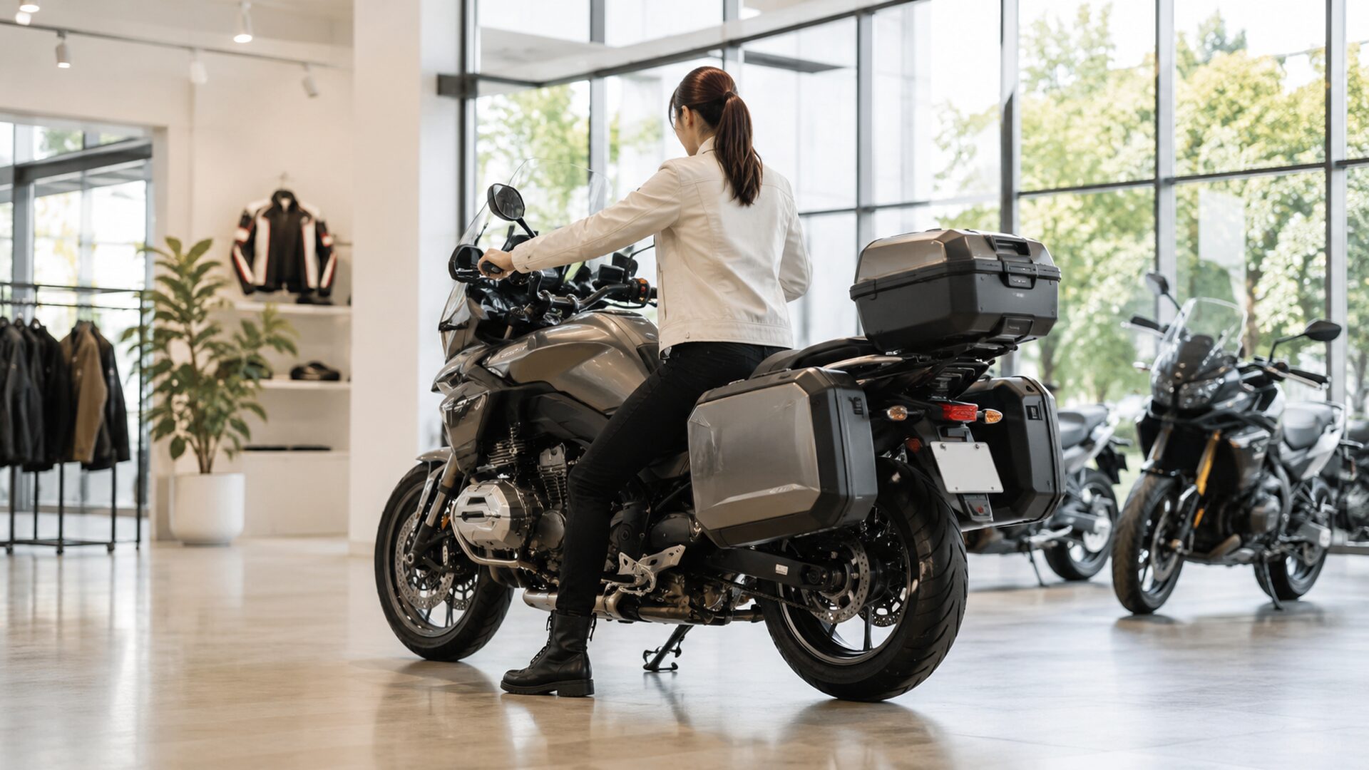 ツアラーバイクを押し引きするときの様子を示すイラスト