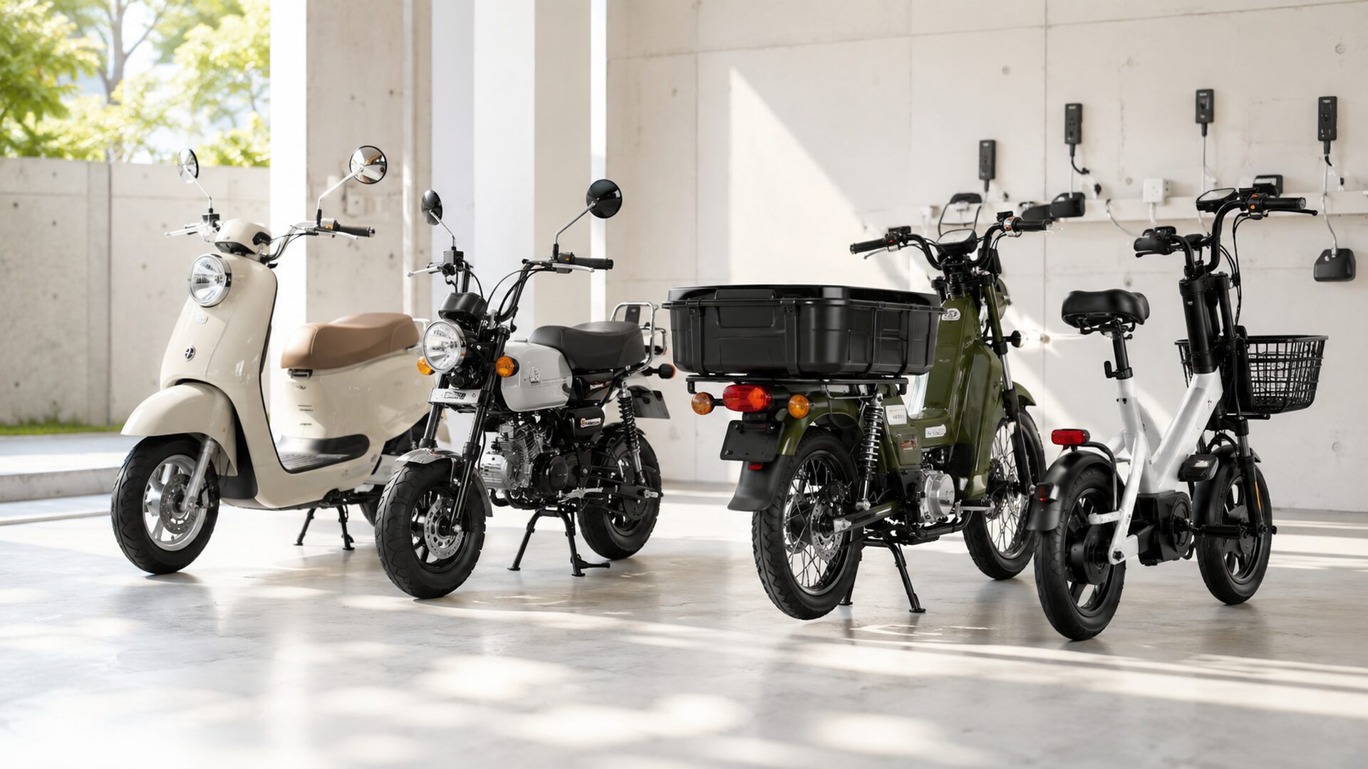 EVバイクの充電と走行を示すイメージ